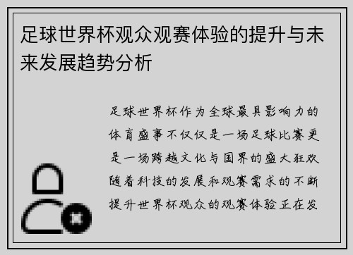 足球世界杯观众观赛体验的提升与未来发展趋势分析 足球世界杯观众观赛体验的提升与未来发展趋势分析